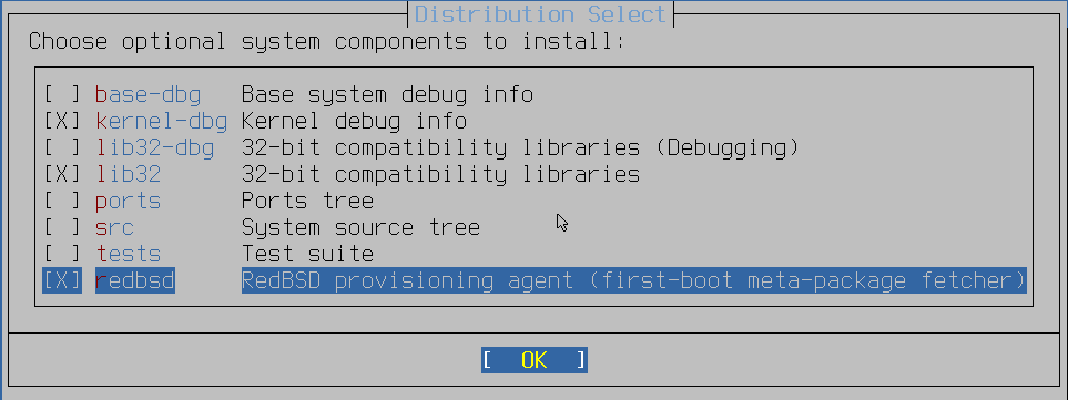 Distribution Select screen with the redbsd component checked